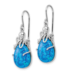 QE15799 Sterling Silver Rhodium-plated Blue Lab Created Opal Octopus Dangle Earrings