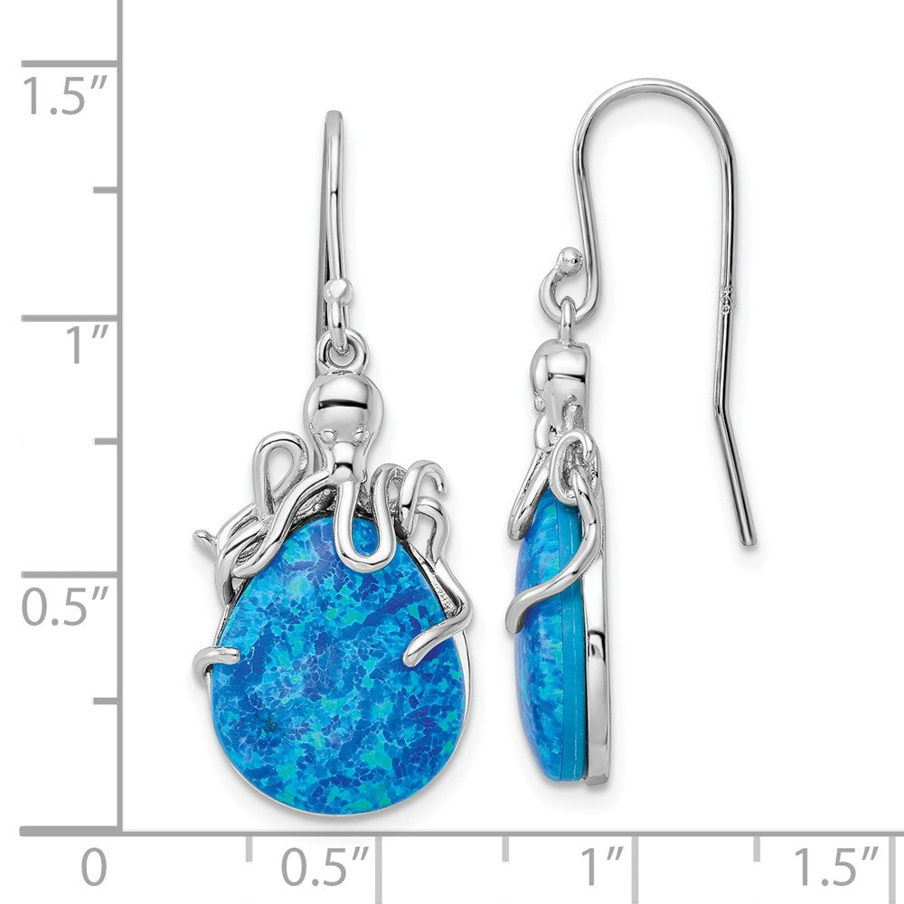 QE15799 Sterling Silver Rhodium-plated Blue Lab Created Opal Octopus Dangle Earrings