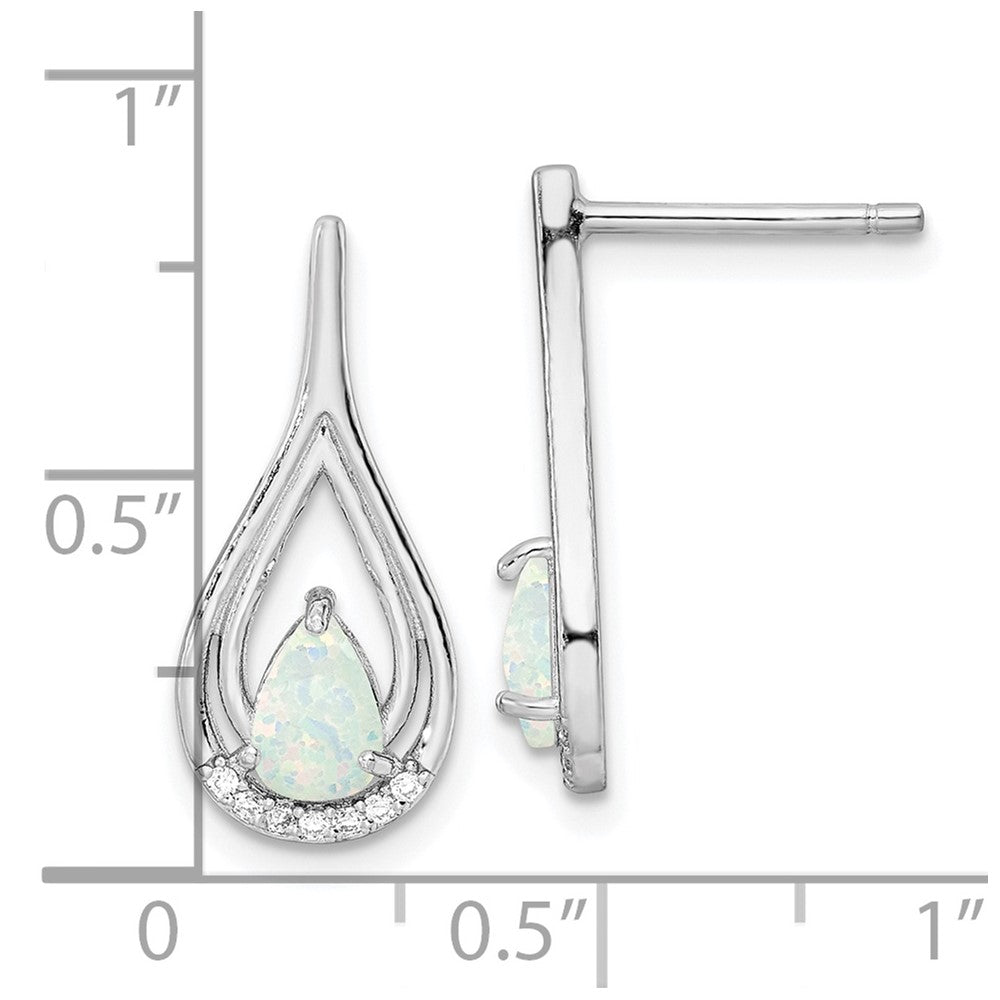 QE15803 Sterling Silver RH-plated Pear Shape White Created Opal CZ Post Earrings
