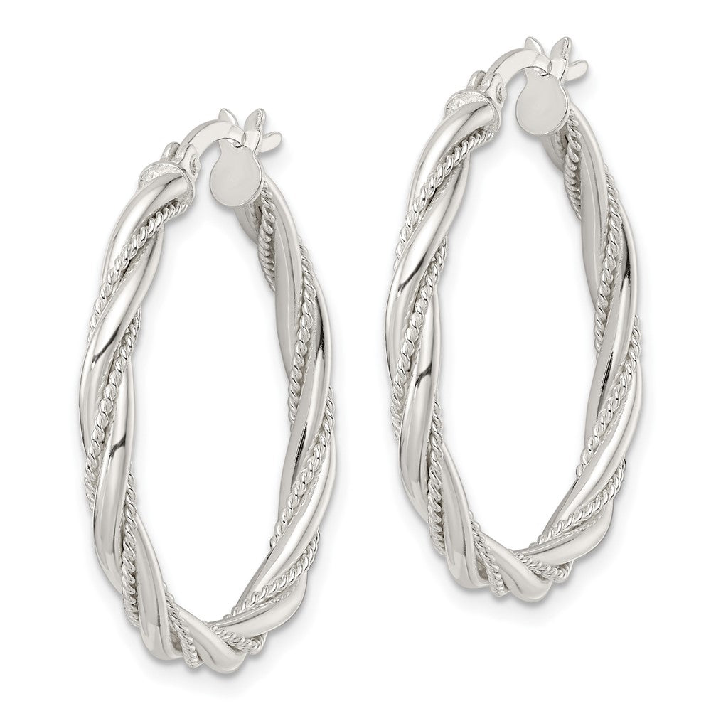 QE15841 Sterling Silver Polished Twisted Rope Hoop Earrings