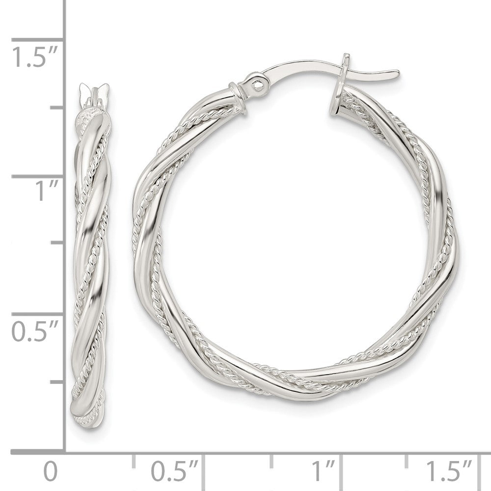 QE15841 Sterling Silver Polished Twisted Rope Hoop Earrings