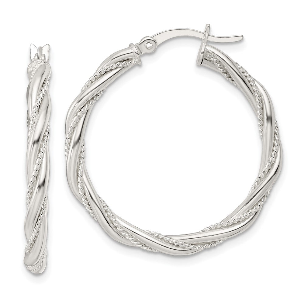 QE15841 Sterling Silver Polished Twisted Rope Hoop Earrings