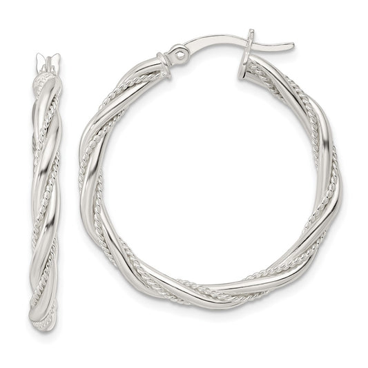 QE15841 Sterling Silver Polished Twisted Rope Hoop Earrings