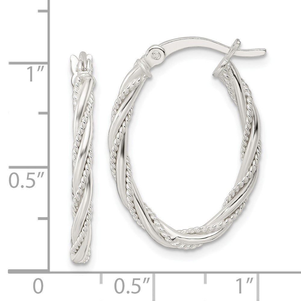 QE15844 Sterling Silver Polished Twisted Rope Oval Hoop Earrings