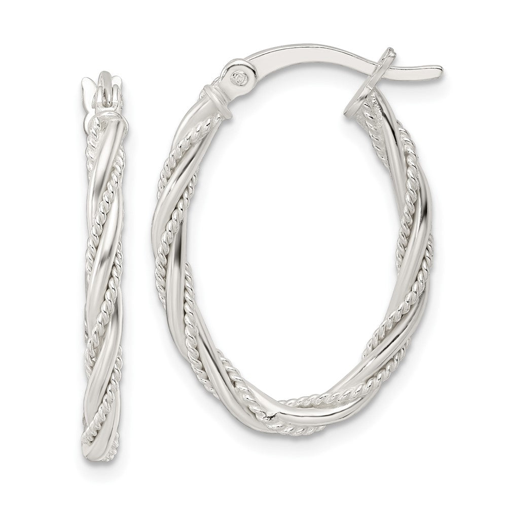 QE15844 Sterling Silver Polished Twisted Rope Oval Hoop Earrings