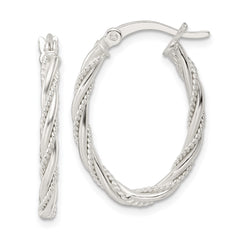 QE15844 Sterling Silver Polished Twisted Rope Oval Hoop Earrings