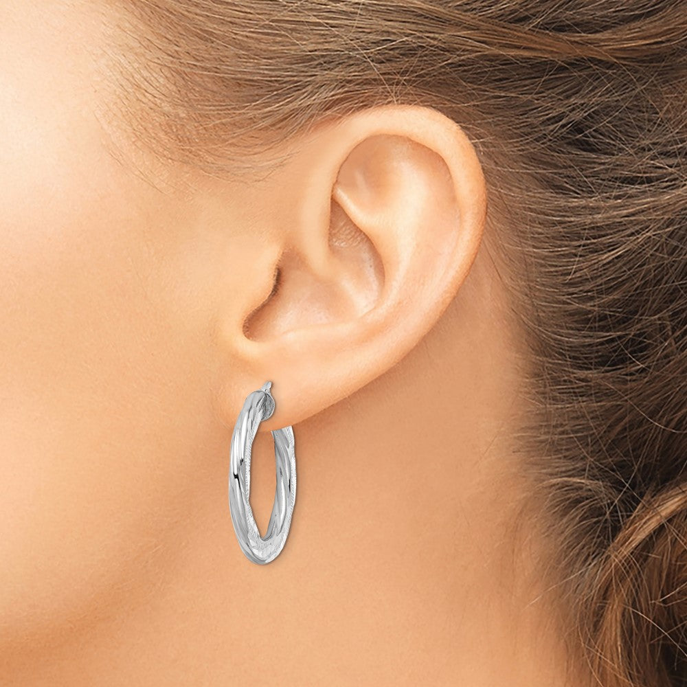 QE15851 Sterling Silver Rhodium-plated 3x29mm D/C Twisted Tube Hoop Earrings
