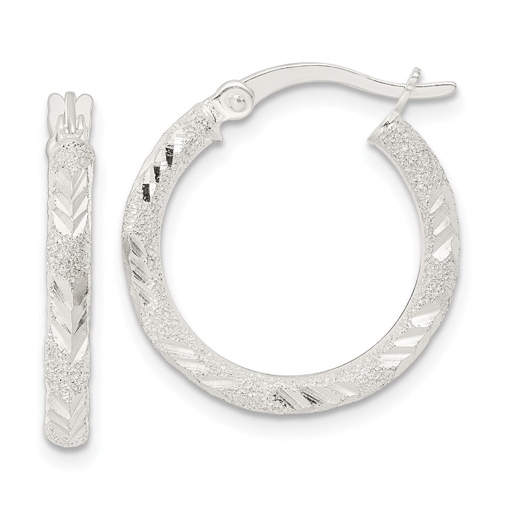 QE15855 Sterling Silver Polished and Laser Diamond-cut Hoop Earrings