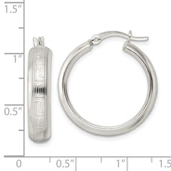 QE15861 Sterling Silver Polished Greek Key Circle Hoop Earrings