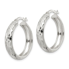 QE15863 Sterling Silver Polished Diamond-cut 5x25mm Hoop Earrings