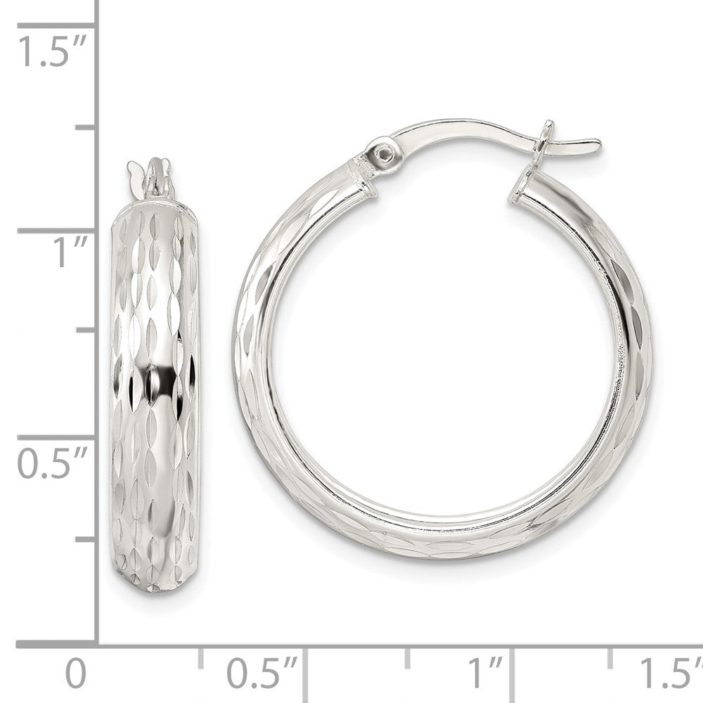 QE15863 Sterling Silver Polished Diamond-cut 5x25mm Hoop Earrings