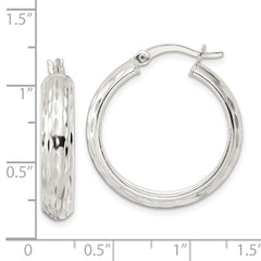 QE15863 Sterling Silver Polished Diamond-cut 5x25mm Hoop Earrings