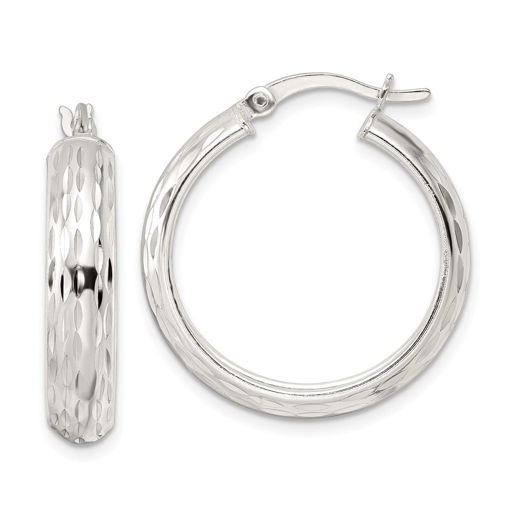 QE15863 Sterling Silver Polished Diamond-cut 5x25mm Hoop Earrings