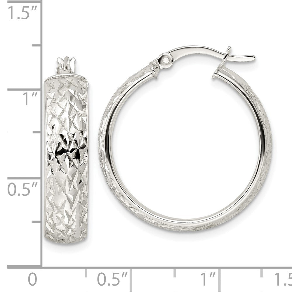 QE15864 Sterling Silver Diamond-cut 6x25mm Hoop Earrings