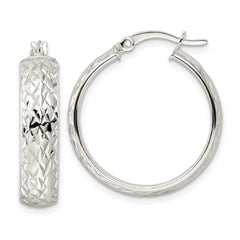 QE15864 Sterling Silver Diamond-cut 6x25mm Hoop Earrings