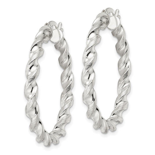 QE15886 Sterling Silver Polished and Textured Twisted Circle Hoop Earrings