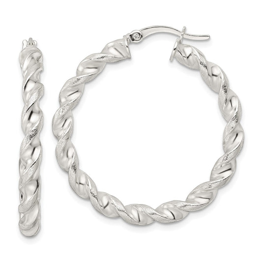 QE15886 Sterling Silver Polished and Textured Twisted Circle Hoop Earrings
