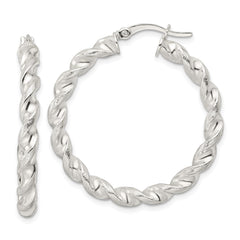 QE15886 Sterling Silver Polished and Textured Twisted Circle Hoop Earrings