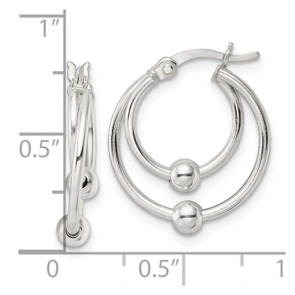 QE15900 Sterling Silver Polished Double Circle Beaded Hoop Earrings