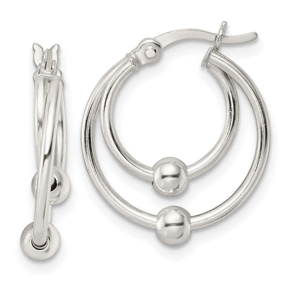 QE15900 Sterling Silver Polished Double Circle Beaded Hoop Earrings