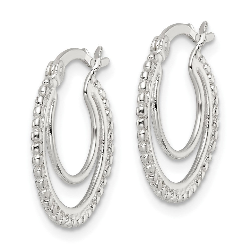 QE15906 Sterling Silver Beaded Double Circle Hoop Earrings
