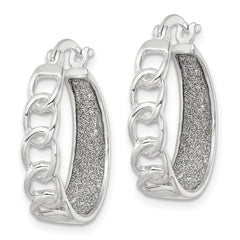 QE15924 Sterling Silver Polished Fabric Glitter Hoop & Links Round Hoop Earrings