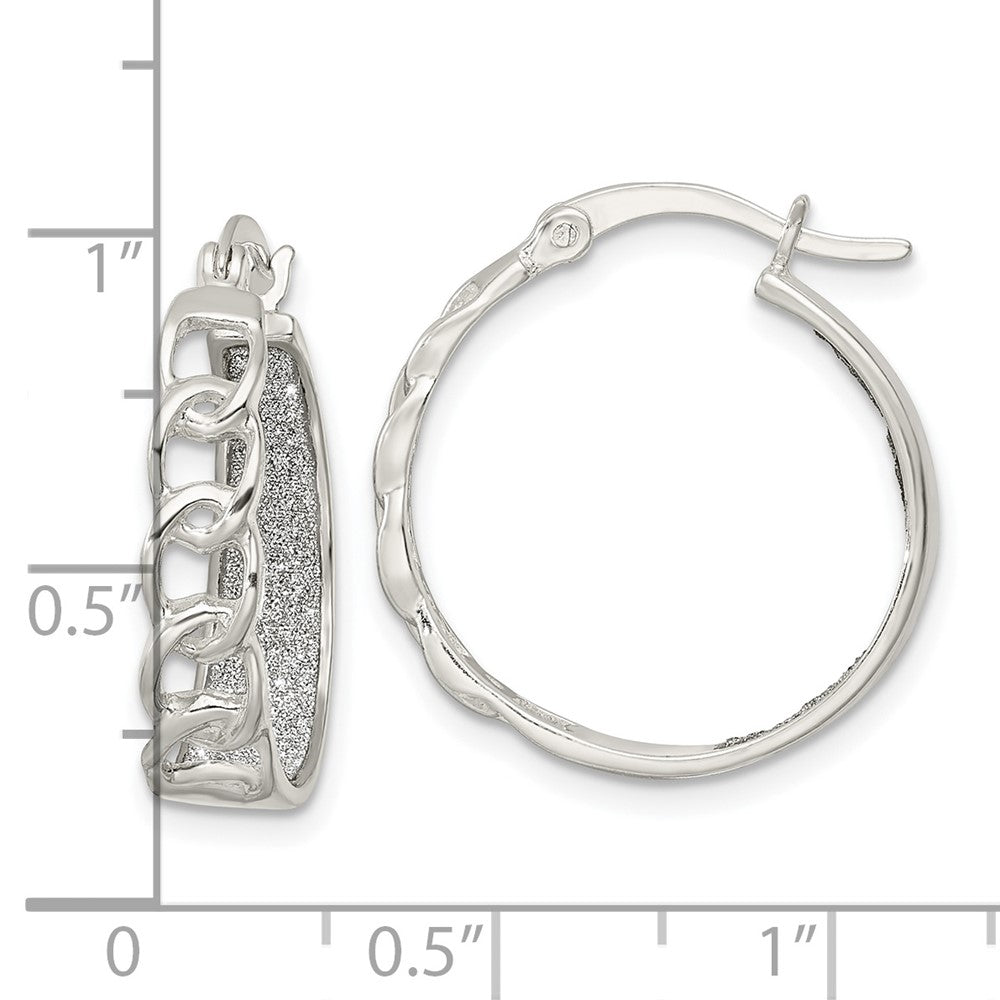 QE15924 Sterling Silver Polished Fabric Glitter Hoop & Links Round Hoop Earrings