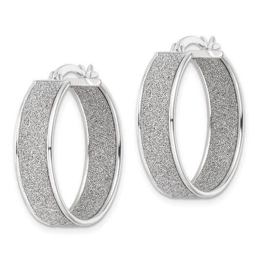 QE15928 Sterling Silver Polished Fabric Glitter 6.85mm Round Hoop Earrings