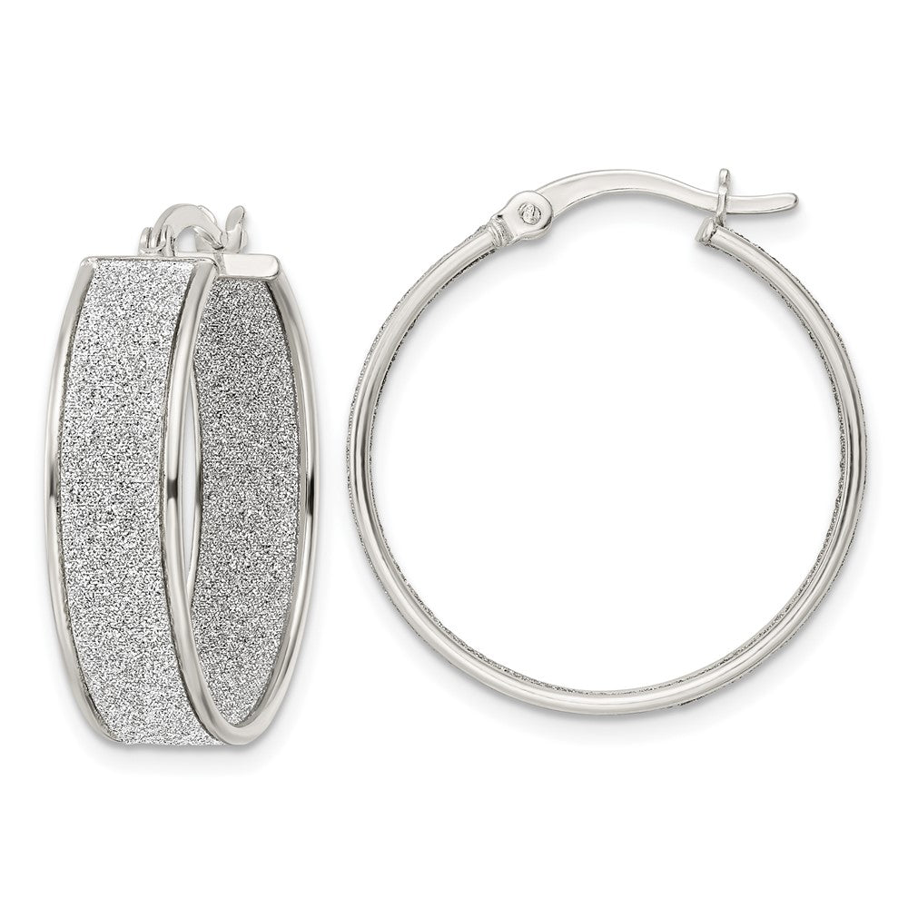 QE15928 Sterling Silver Polished Fabric Glitter 6.85mm Round Hoop Earrings