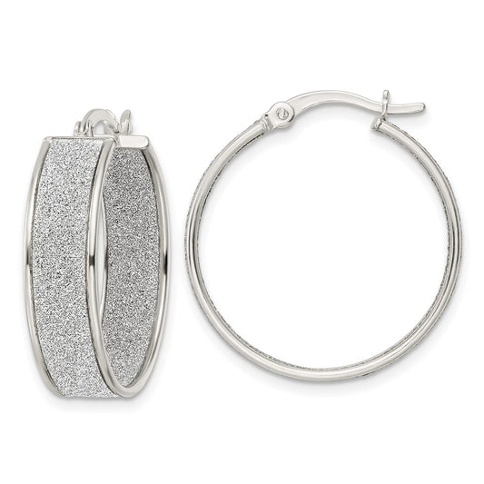 QE15928 Sterling Silver Polished Fabric Glitter 6.85mm Round Hoop Earrings