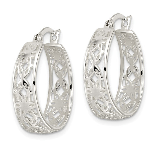 QE15929 Sterling Silver Polished Cut-out Floral Round Hoop Earrings