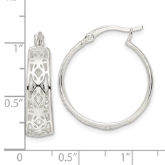 QE15929 Sterling Silver Polished Cut-out Floral Round Hoop Earrings