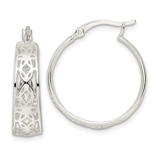 QE15929 Sterling Silver Polished Cut-out Floral Round Hoop Earrings