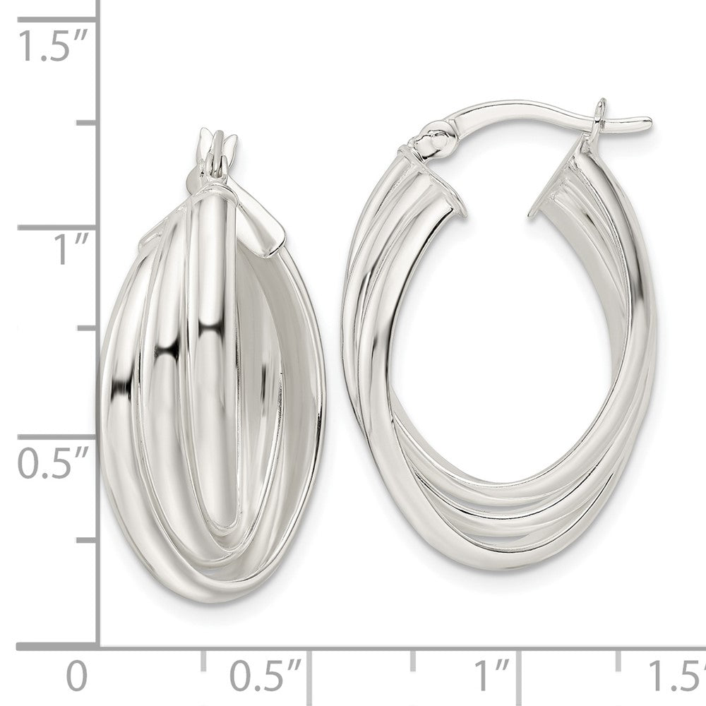QE15933 Sterling Silver Polished Triple Twisted Oval Hoop Earrings