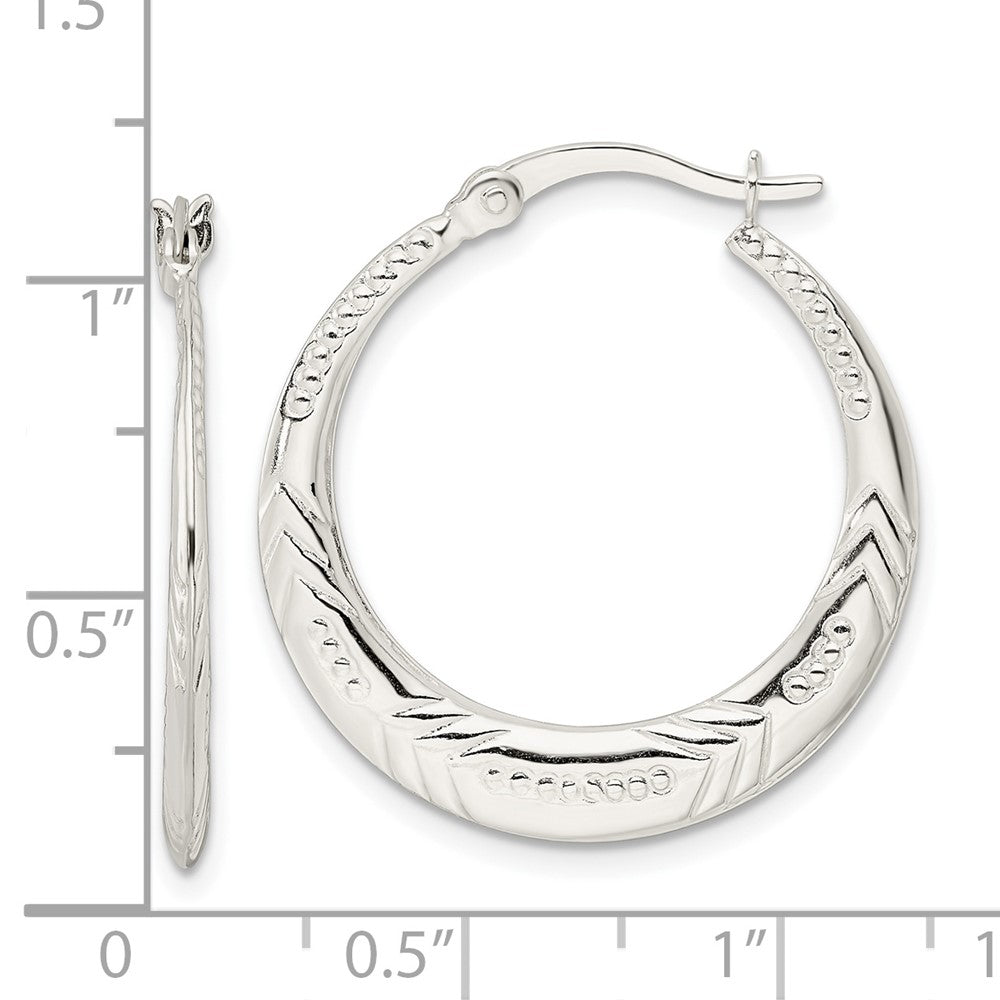 QE15940 Sterling Silver Polished & Textured Knife Edge Round Hoop Earrings