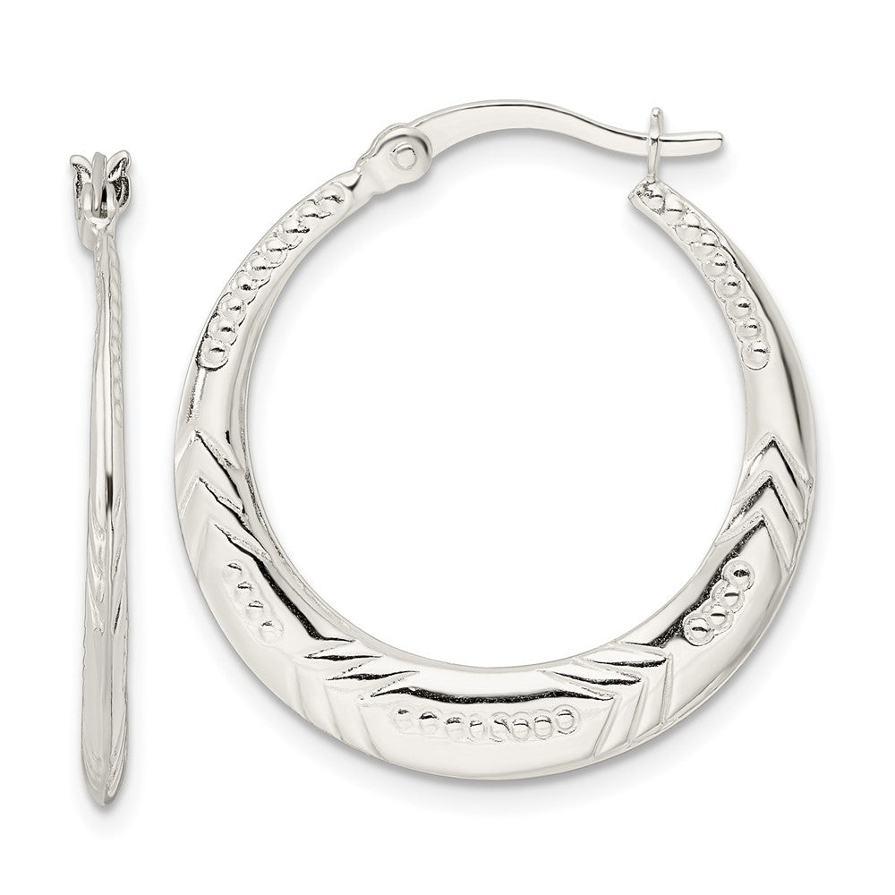 QE15940 Sterling Silver Polished & Textured Knife Edge Round Hoop Earrings