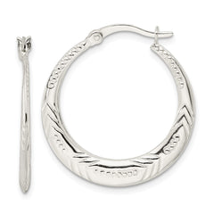 QE15940 Sterling Silver Polished & Textured Knife Edge Round Hoop Earrings
