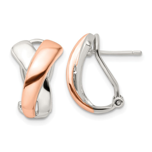QE15941 Sterling Silver & Rose-tone Polished X Omega Back J-Hoop Earrings