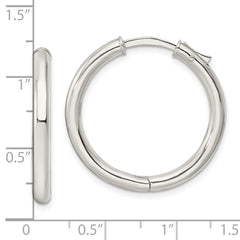 QE15945 Sterling Silver Polished 3x28mm Hinged Tube Hoop Earrings