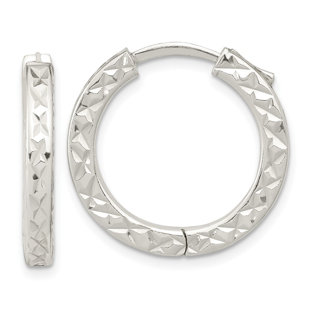 QE15960 Sterling Silver Polished D/C Square Tube Locking Hoop Earrings