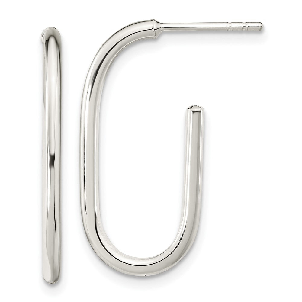QE15988 Sterling Silver Polished Oval J-Hoop Post Earrings