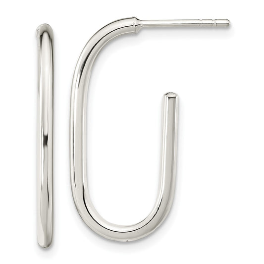 QE15988 Sterling Silver Polished Oval J-Hoop Post Earrings