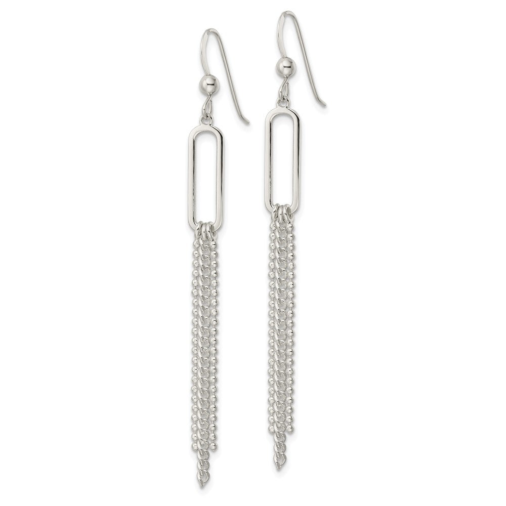 QE16048 Sterling Silver Polished Oval and Multi-Strand Beaded Chain Dangle Earrings