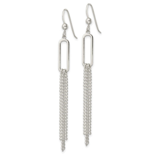 QE16048 Sterling Silver Polished Oval and Multi-Strand Beaded Chain Dangle Earrings