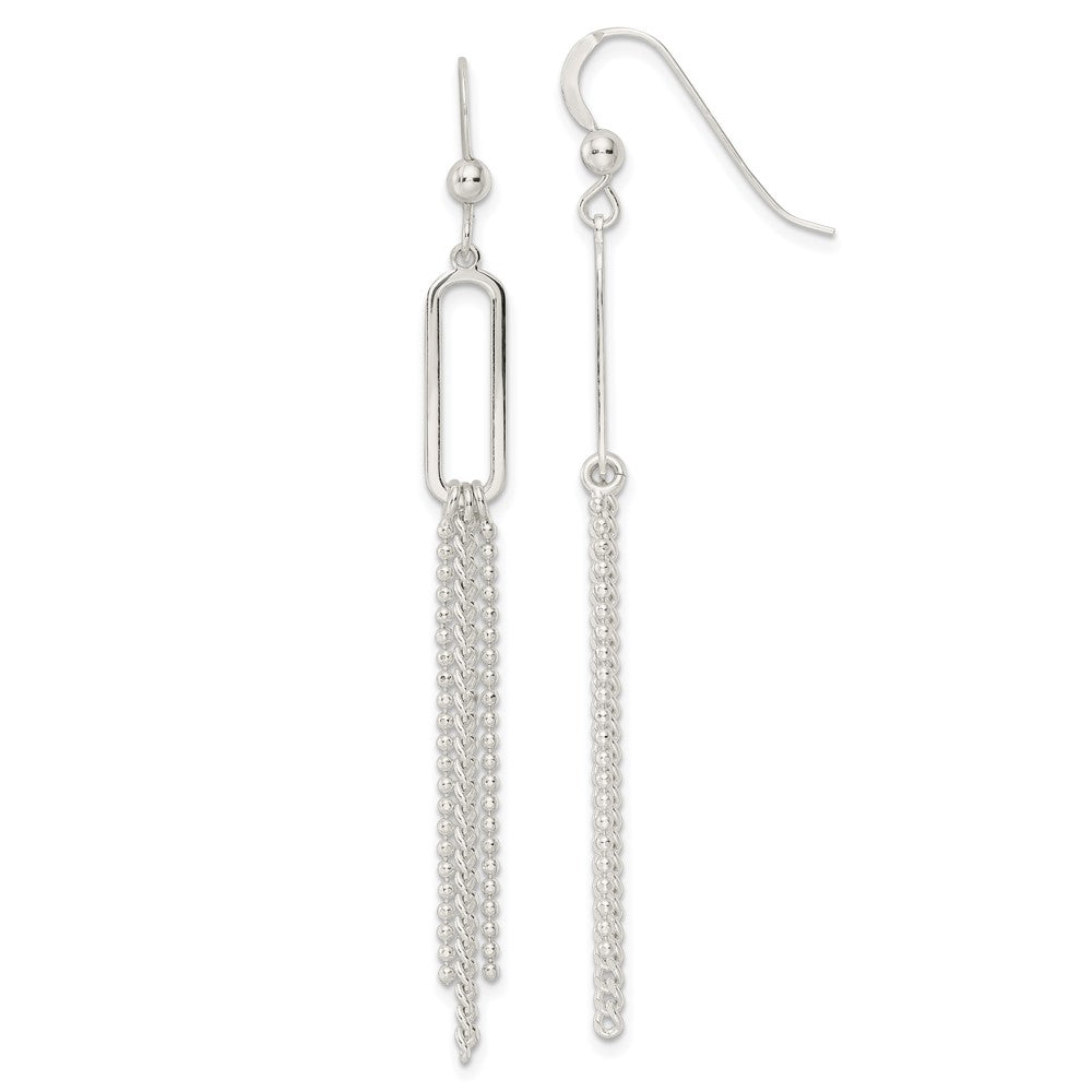 QE16048 Sterling Silver Polished Oval and Multi-Strand Beaded Chain Dangle Earrings