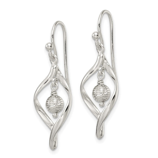 QE16061 Sterling Silver Polished & Diamond-cut Twist w/Ball Center Dangle Earrings