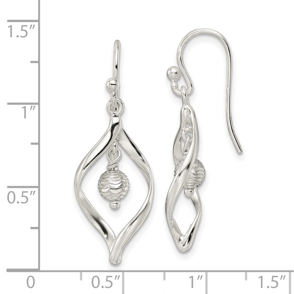 QE16061 Sterling Silver Polished & Diamond-cut Twist w/Ball Center Dangle Earrings