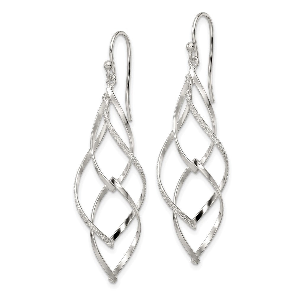 QE16067 Sterling Silver Polished & Lasered Texture Twisted Dangle Hook Earrings