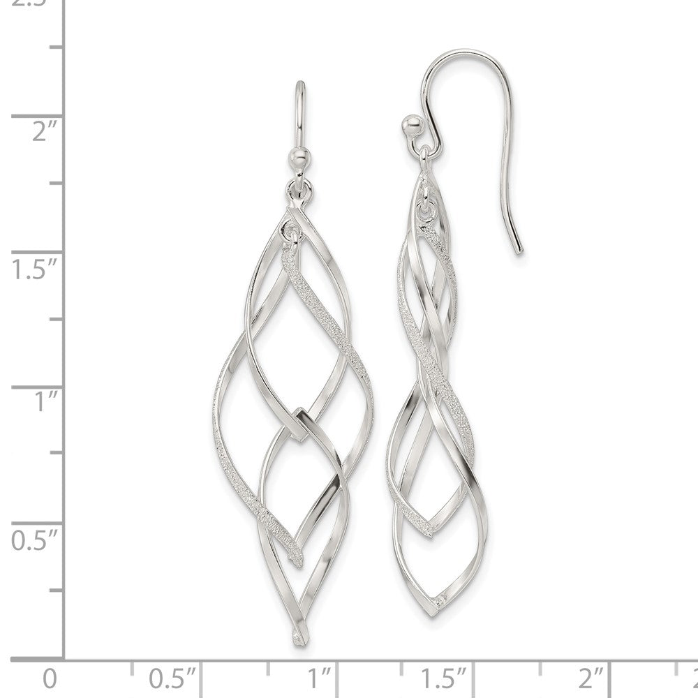 QE16067 Sterling Silver Polished & Lasered Texture Twisted Dangle Hook Earrings