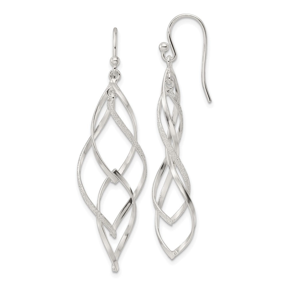 QE16067 Sterling Silver Polished & Lasered Texture Twisted Dangle Hook Earrings